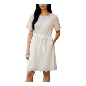 Bloomchic White Cotton Eyelet Dress Size 10 Midi Short Sleeve Coastal Tie Waist